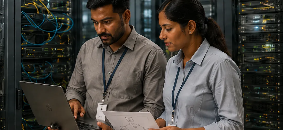 Two engineers reviewing a diagram together in a server room.