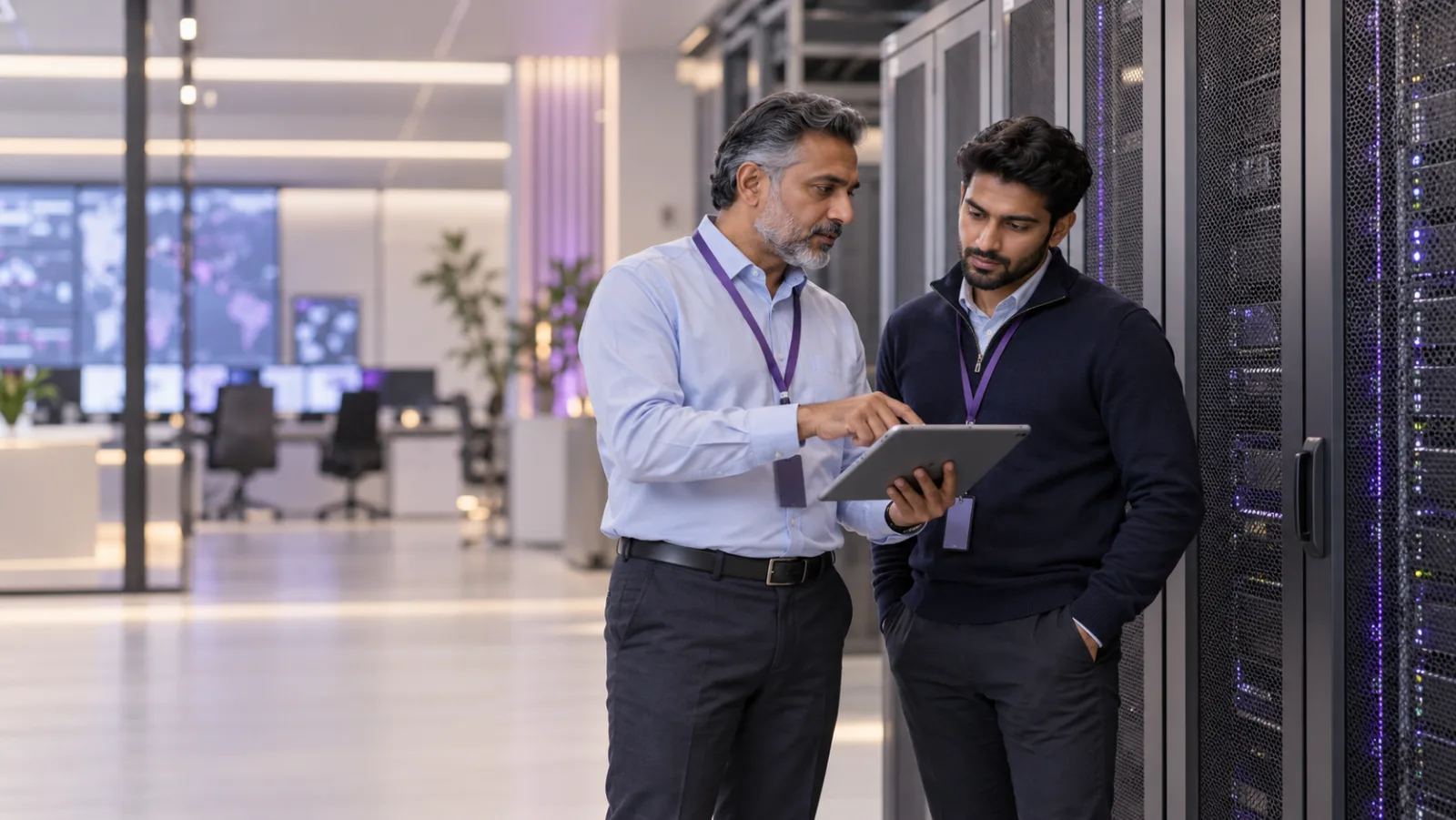 Two engineers standing beside a server rack, one pointing at a tablet the other is holding.