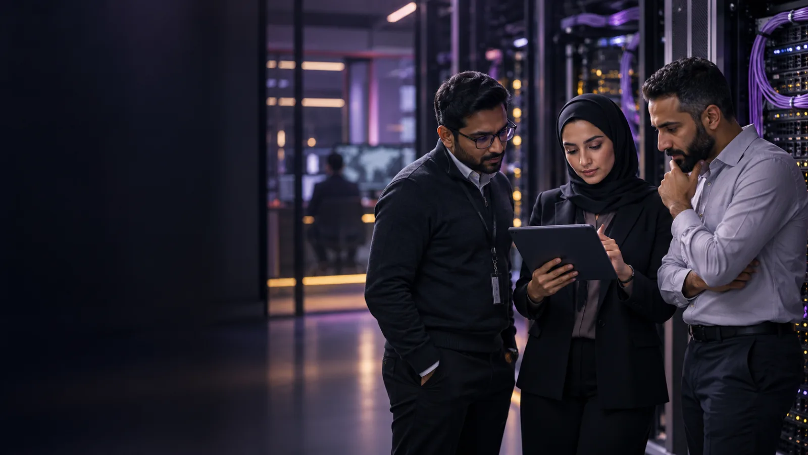 Three colleagues looking at a tablet together in the aisle of a data centre, server racks lit behind them.