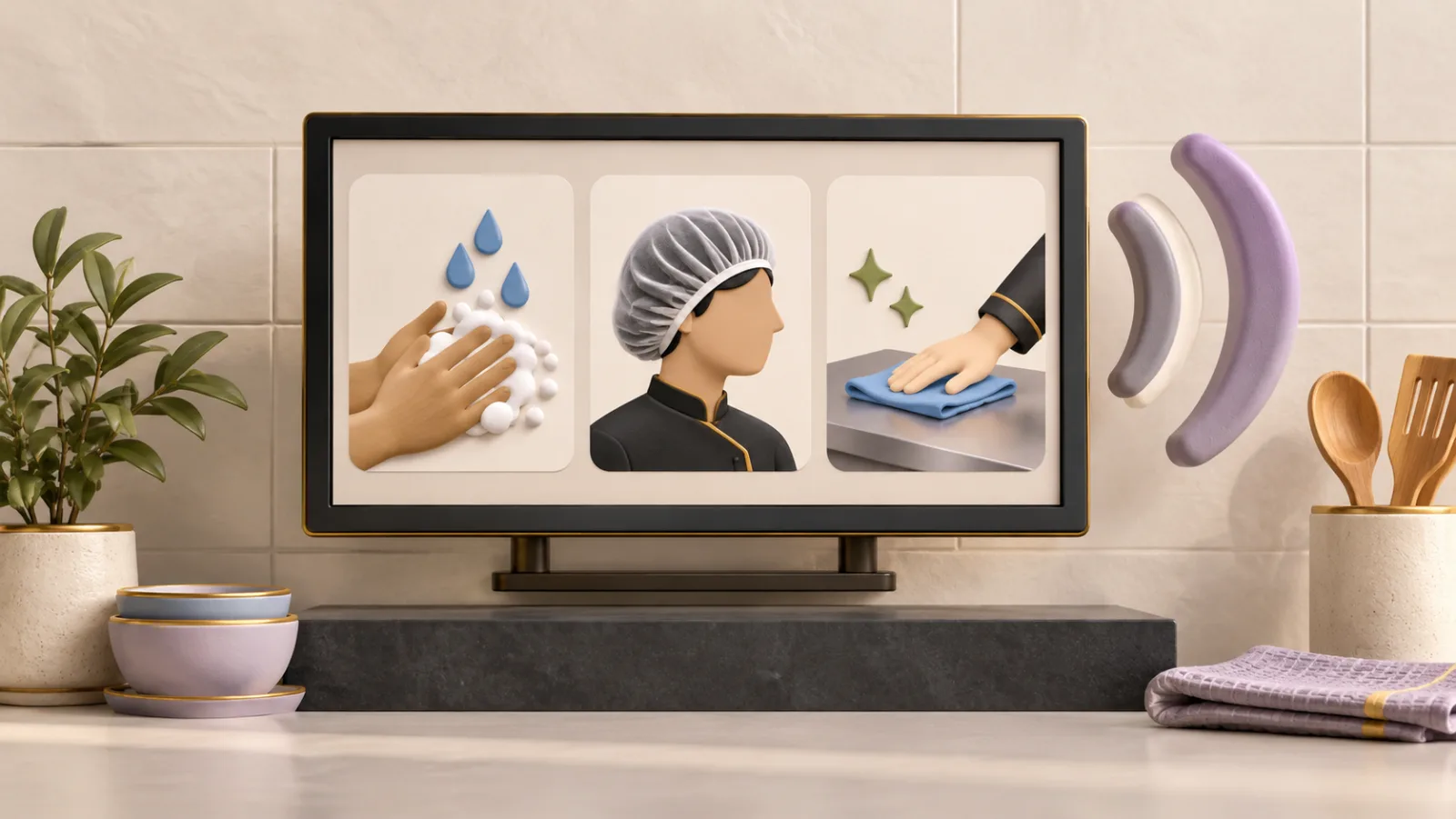 A stylised television on a kitchen counter showing three picture-led steps—washing hands, a worker in a hairnet, and a surface being wiped—beside a voice indicator.