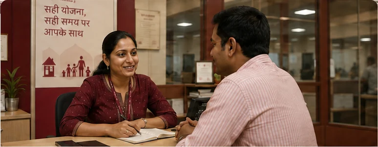 A relationship manager talking with a customer across a desk in a branch office.