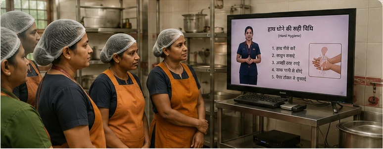 Kitchen staff in hairnets and aprons watching a hygiene lesson on a wall-mounted television.