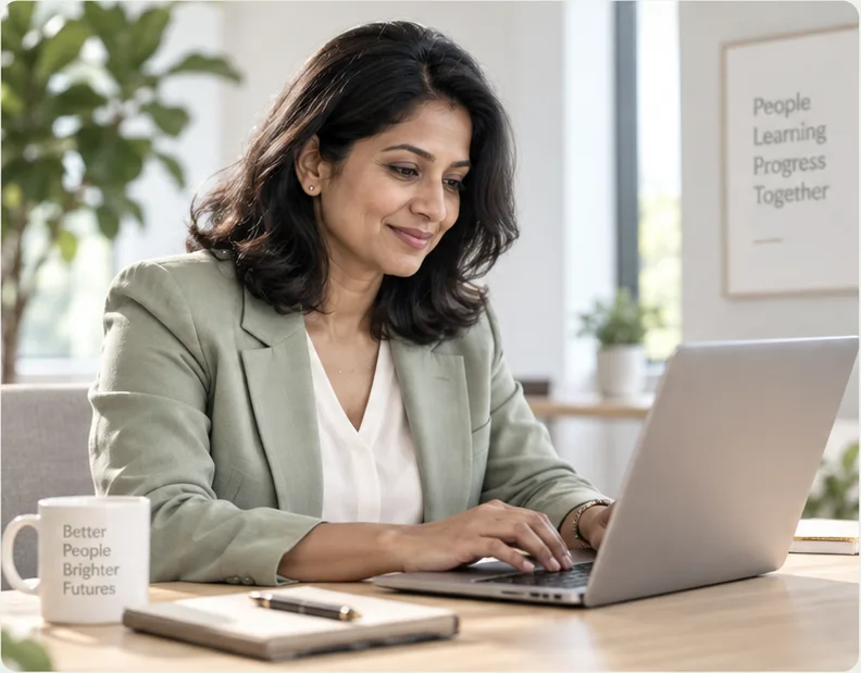 A woman working at a laptop in a bright office.