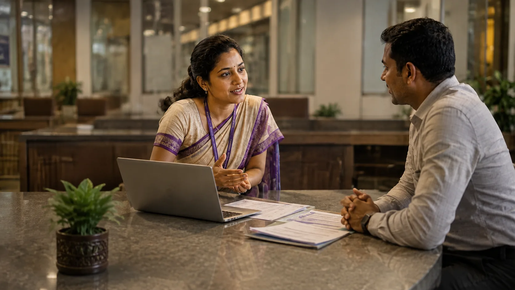 A bank employee talking with a customer across a branch desk.