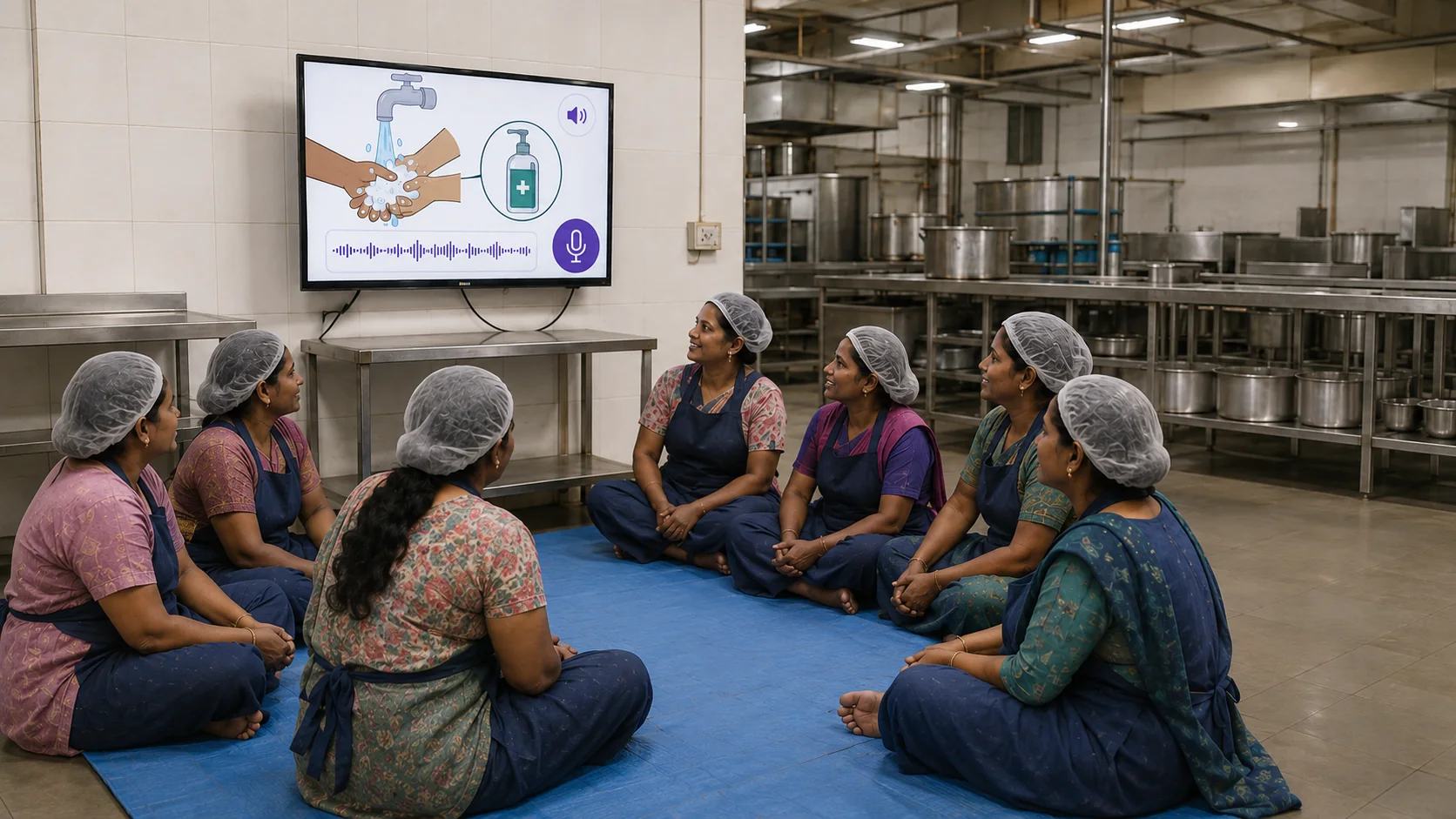 Kitchen staff in hairnets and aprons sitting together on the floor, watching a hand-washing lesson on a wall-mounted television.