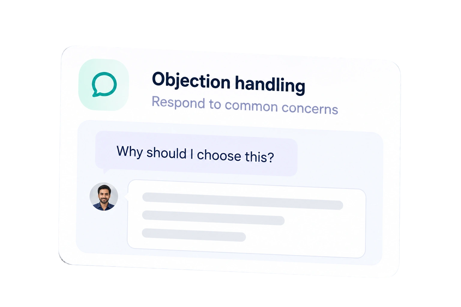 An objection-handling exercise for responding to common concerns, opening with “Why should I choose this?”